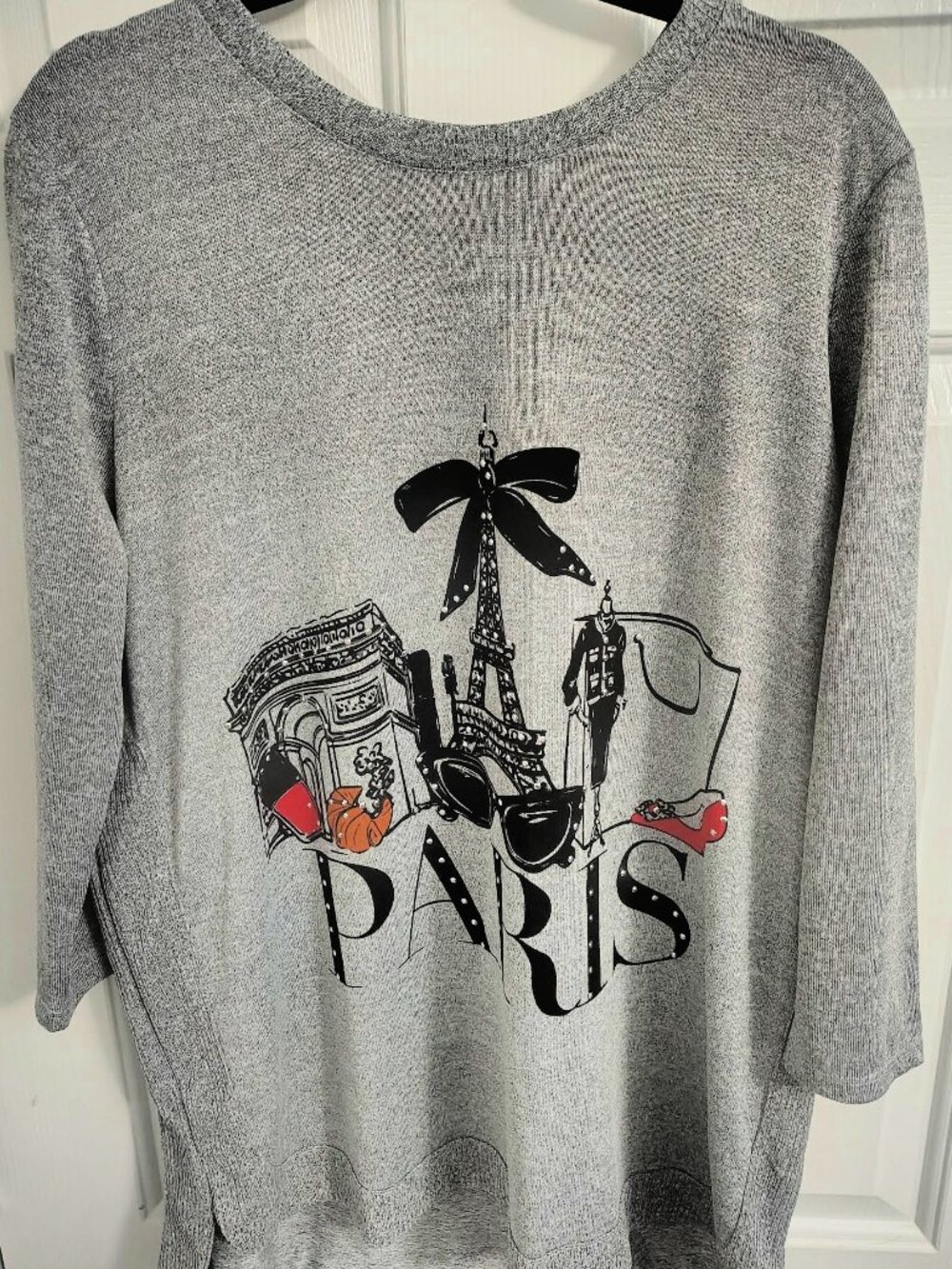 Kiss & Fly Paris Graphic Knit Sweater Top Gray 1X 3/4 Sleeve